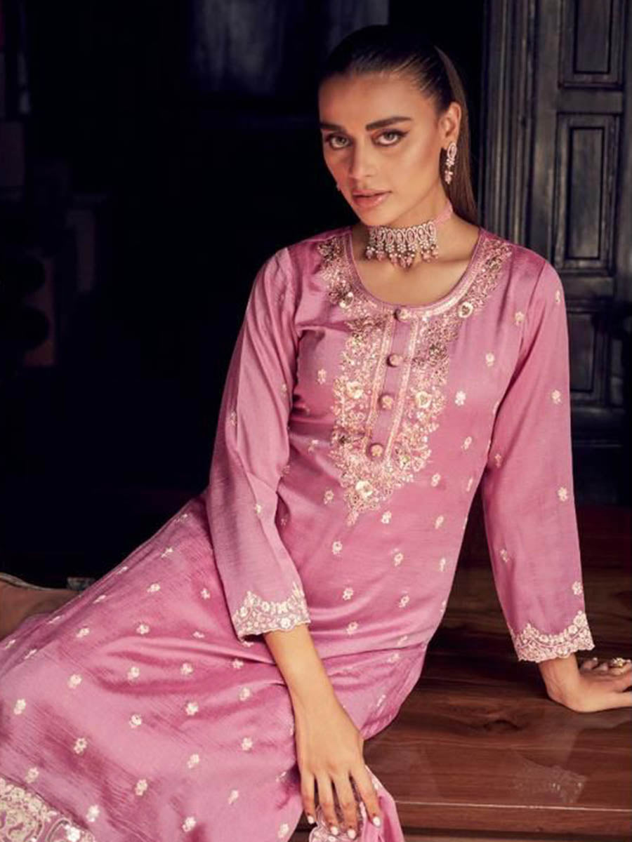 Myra Dusty Pink Premium Silk Embroidered Suit - Distacart
