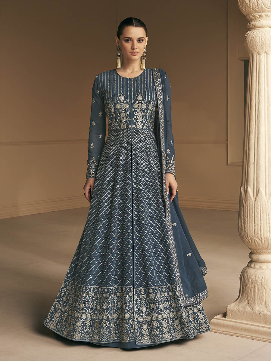 Myra Grey Georgette Embroidered Designer Suit - Distacart