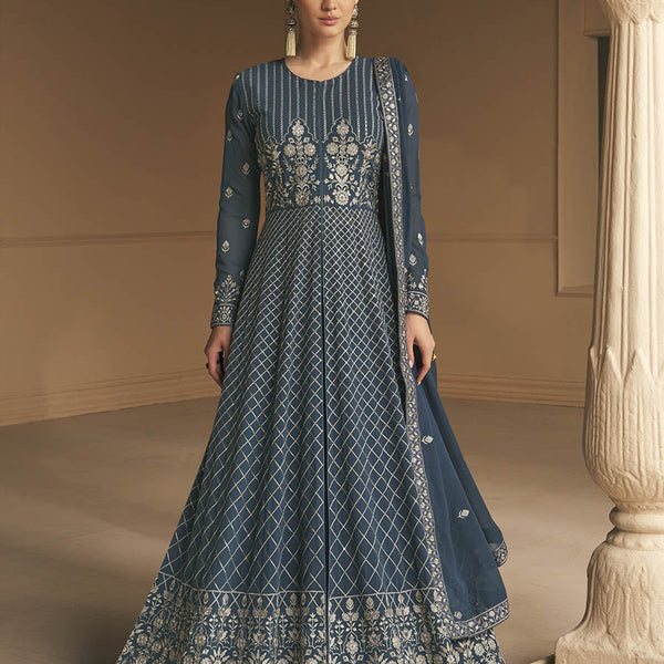 Myra Grey Georgette Embroidered Designer Suit - Distacart