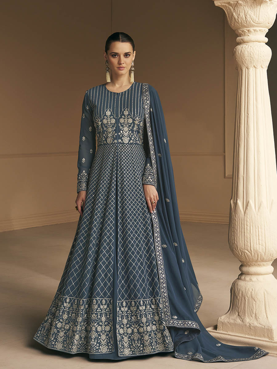 Myra Grey Georgette Embroidered Designer Suit - Distacart