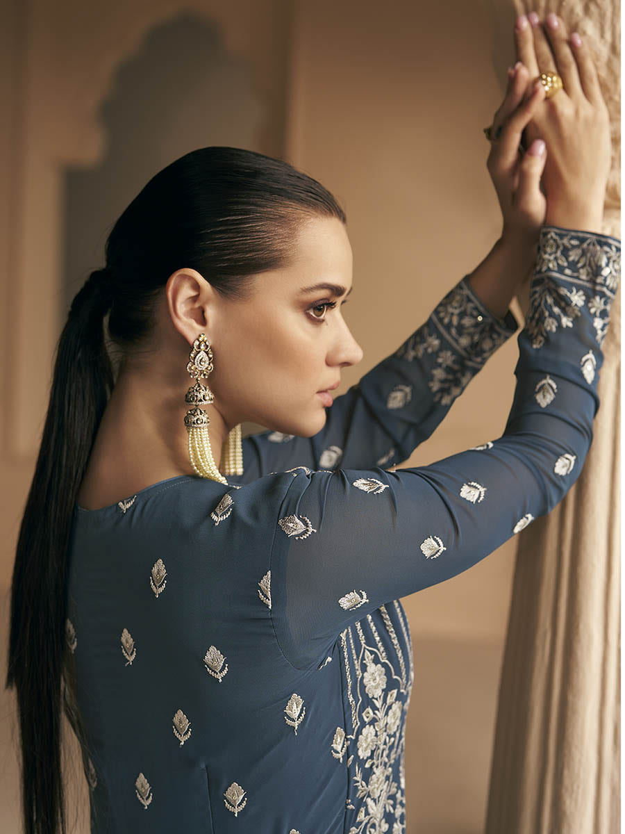 Myra Grey Georgette Embroidered Designer Suit - Distacart