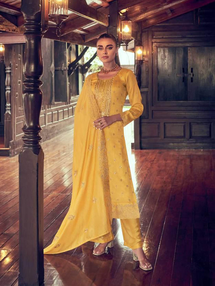 Myra Mustard Yellow Premium Silk Embroidered Suit - Distacart