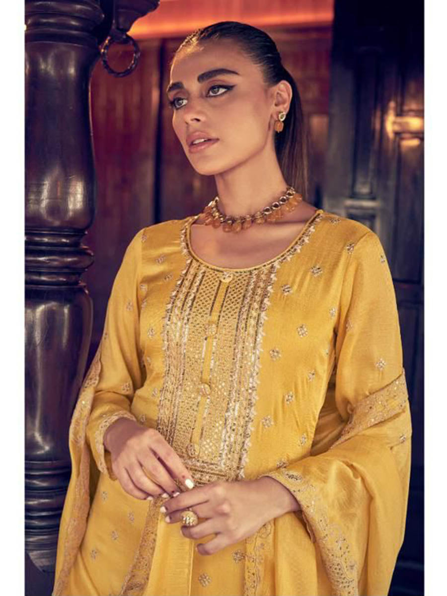 Myra Mustard Yellow Premium Silk Embroidered Suit - Distacart