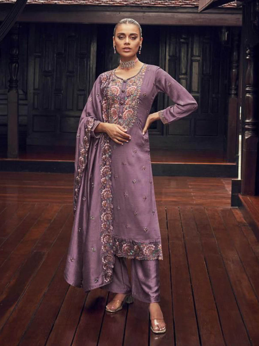 Myra Dusty Lilac Premium Silk Embroidered Suit - Distacart