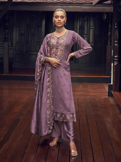 Myra Dusty Lilac Premium Silk Embroidered Suit - Distacart