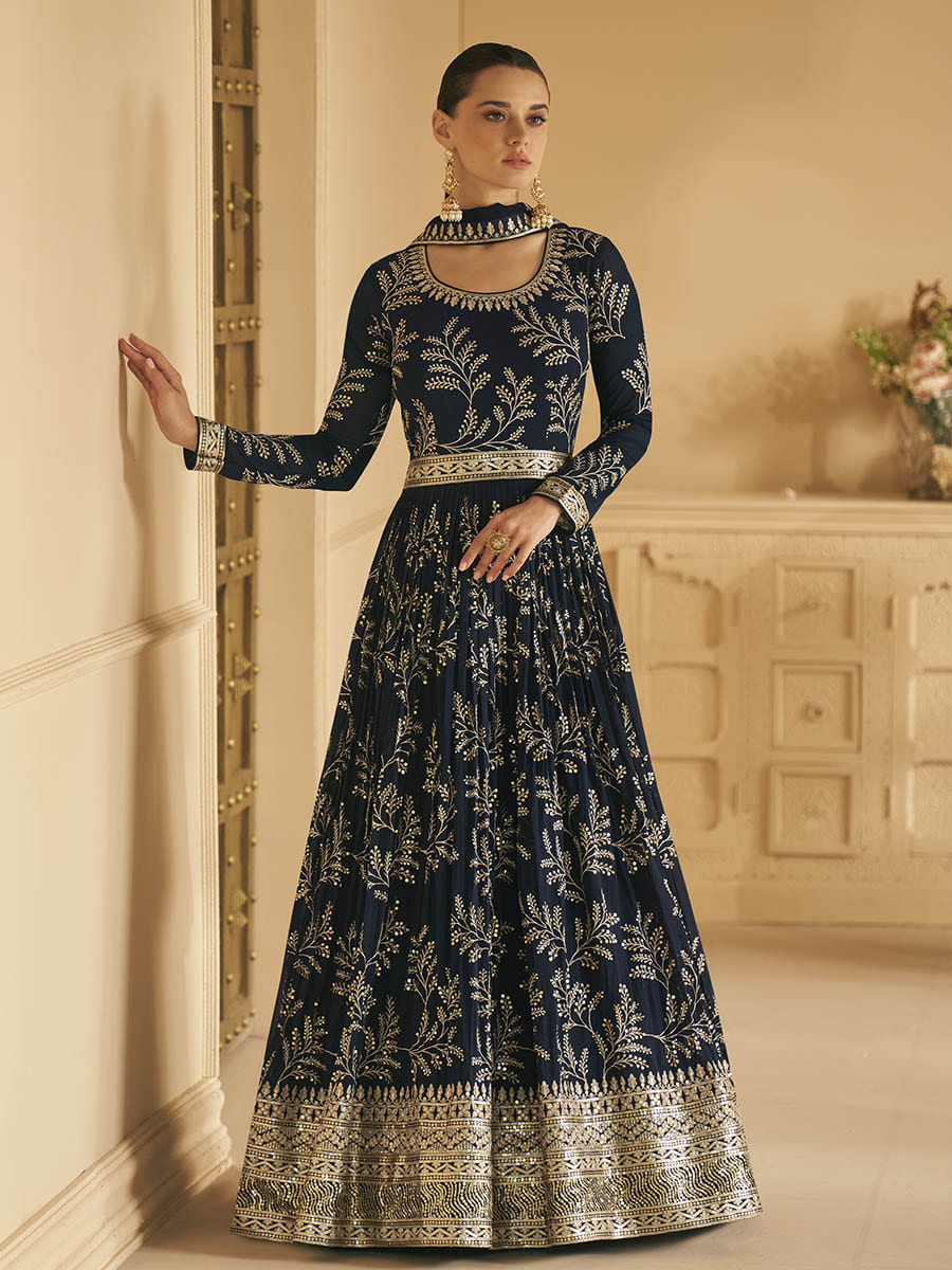 Myra Navy Blue Georgette Embroidered Designer Suit - Distacart
