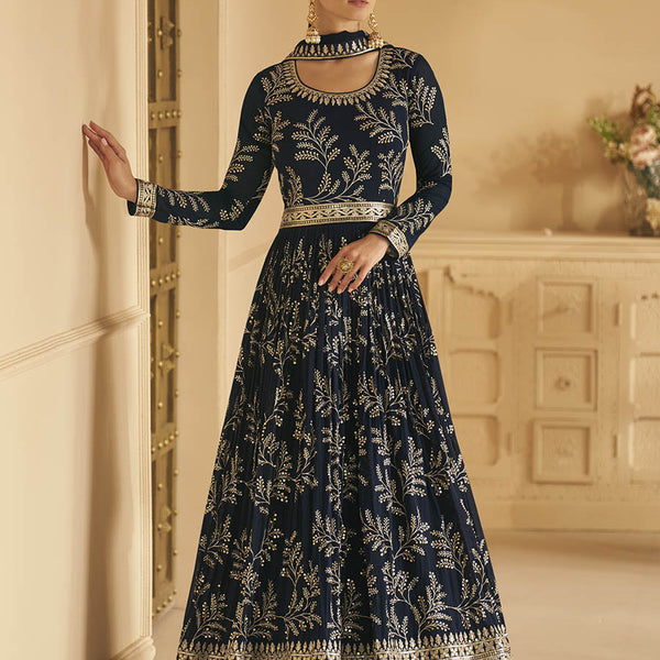 Myra Navy Blue Georgette Embroidered Designer Suit - Distacart