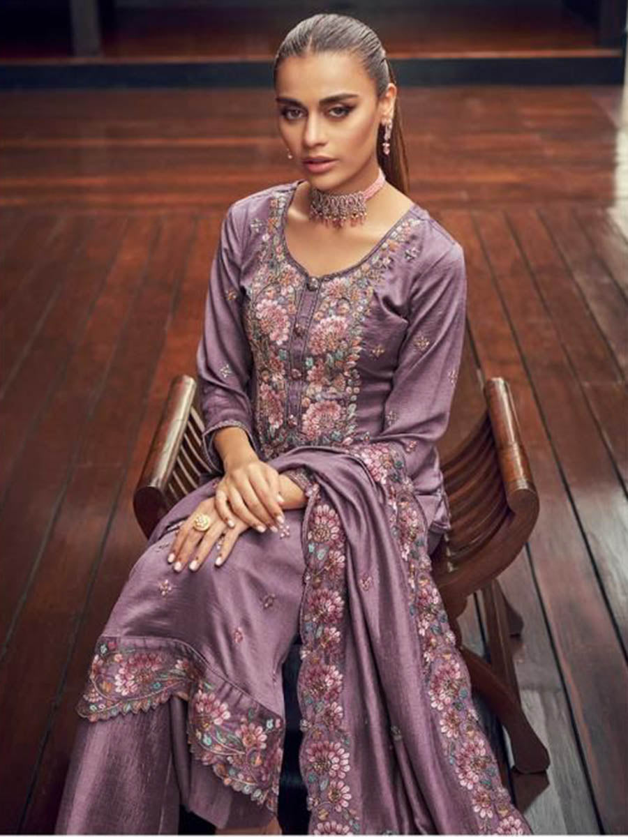 Myra Dusty Lilac Premium Silk Embroidered Suit - Distacart