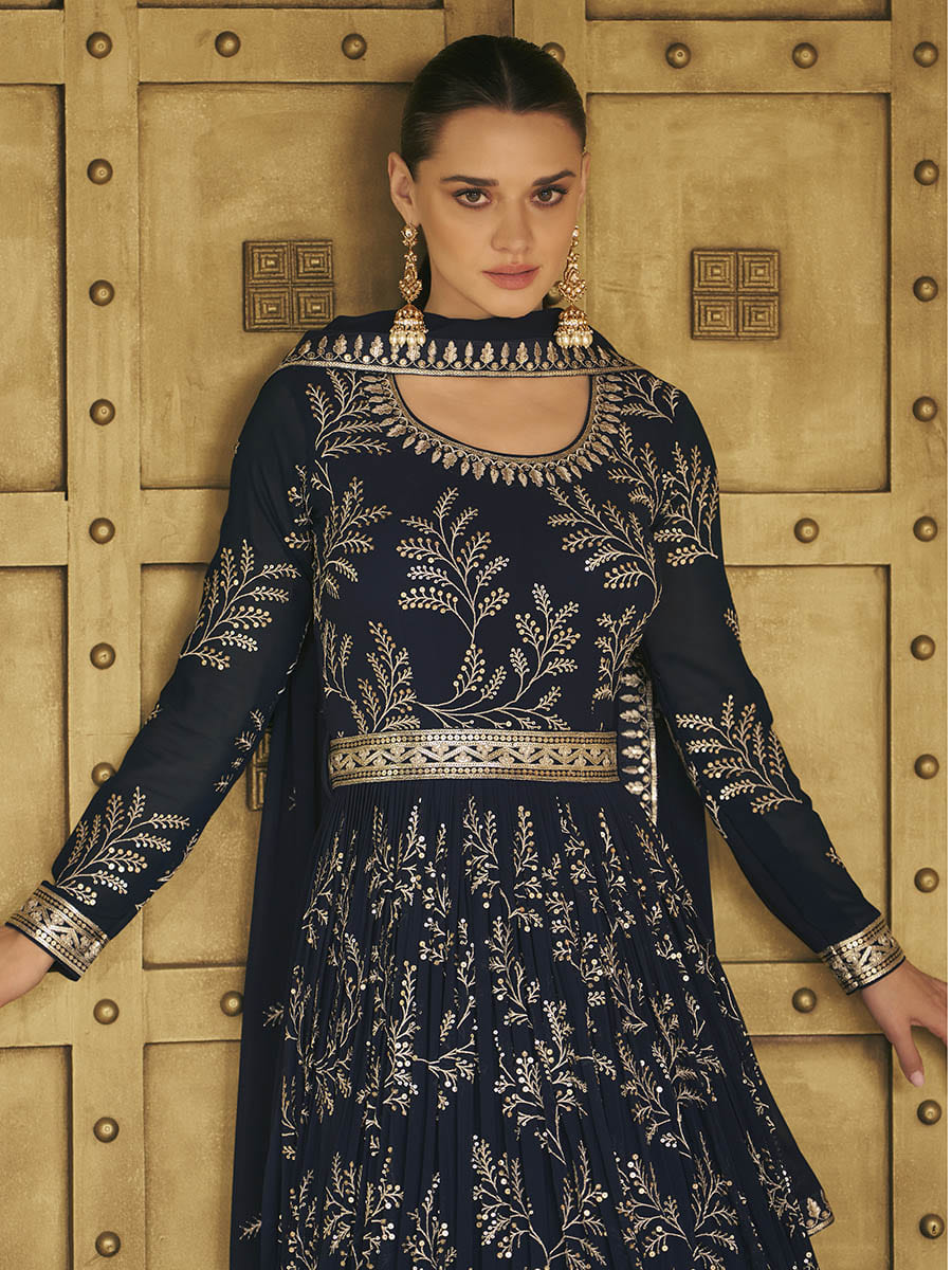Myra Navy Blue Georgette Embroidered Designer Suit - Distacart