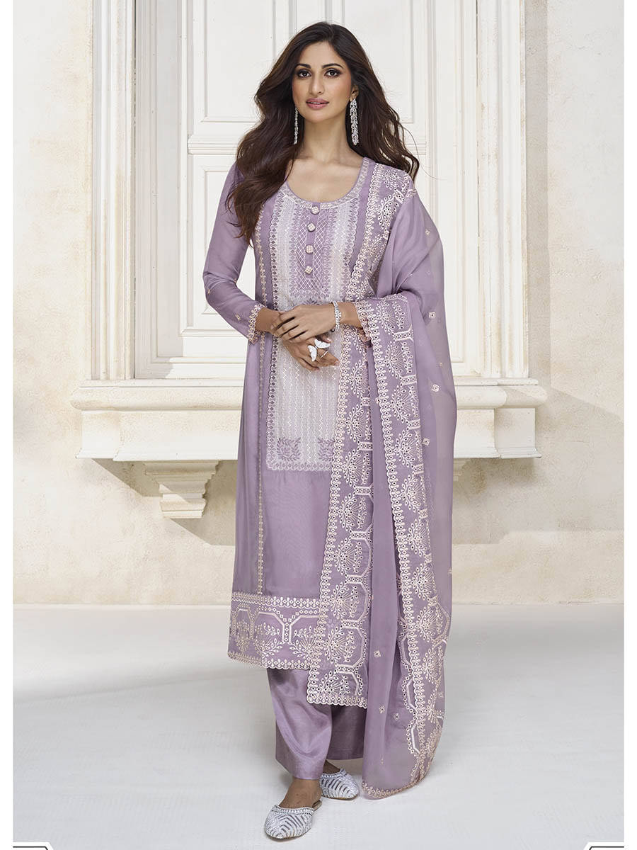 Myra Pastel Purple Organza Silk Embroidered Pant Style Suit - Distacart