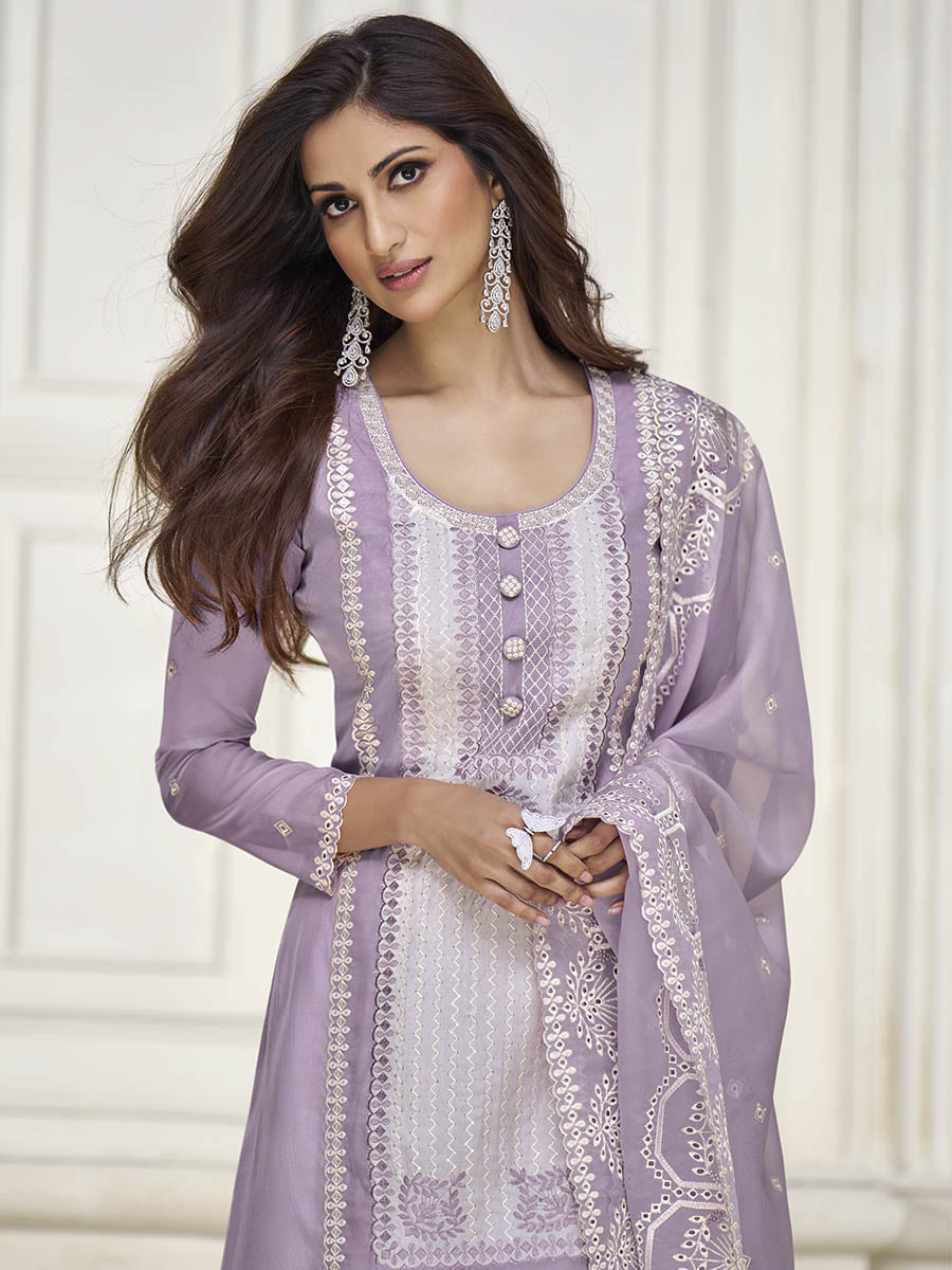 Myra Pastel Purple Organza Silk Embroidered Pant Style Suit - Distacart