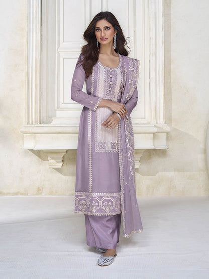 Myra Pastel Purple Organza Silk Embroidered Pant Style Suit - Distacart