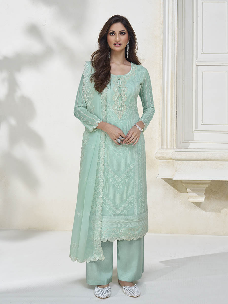 Myra Pastel Sea Green Silk Embroidered Pant Style Suit - Distacart