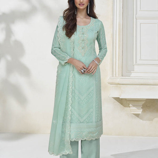 Myra Pastel Sea Green Silk Embroidered Pant Style Suit - Distacart