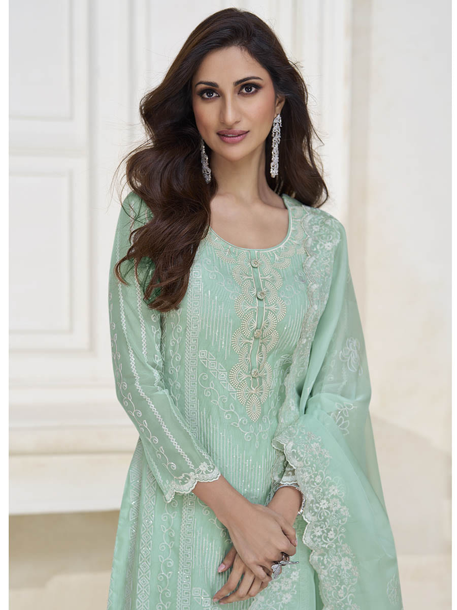 Myra Pastel Sea Green Silk Embroidered Pant Style Suit - Distacart