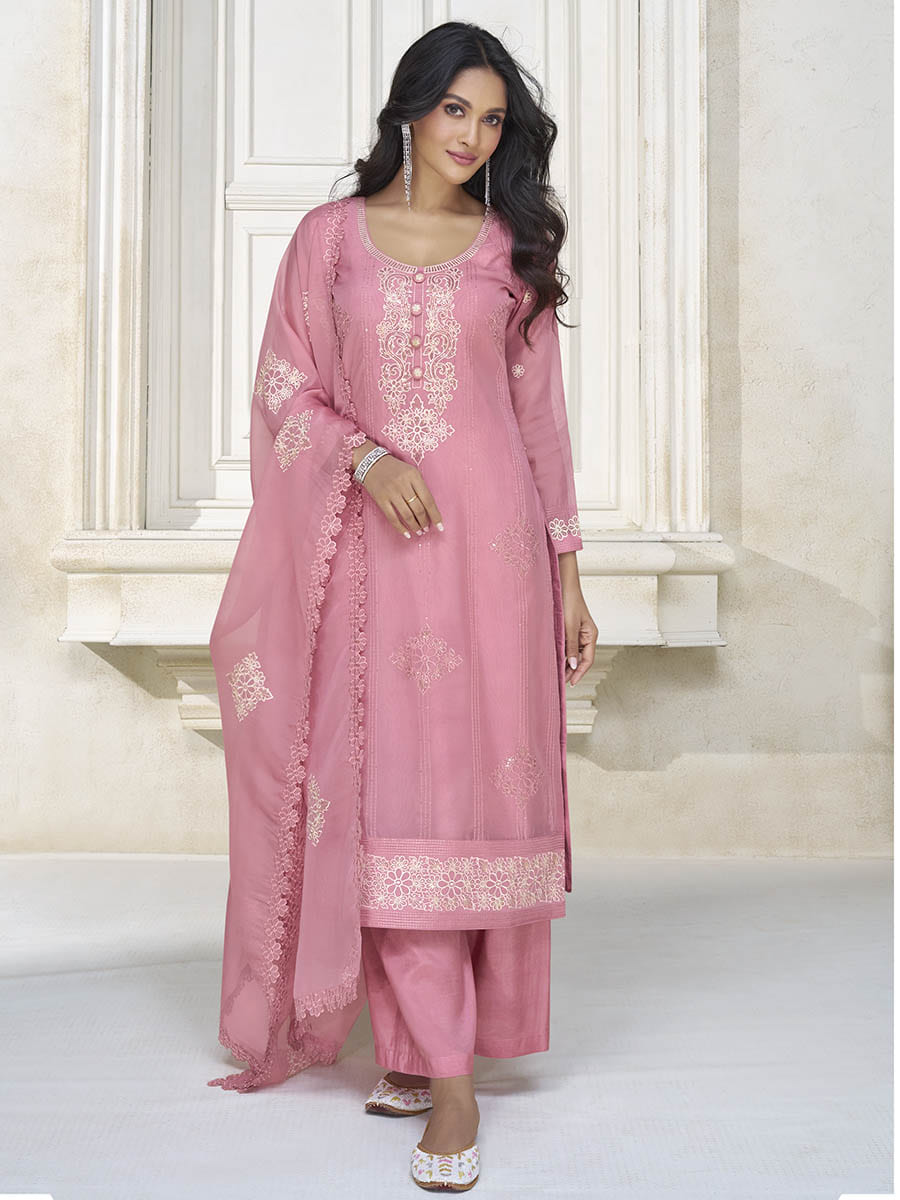 Myra Dusty Pink Organza Silk Embroidered Pant Style Suit - Distacart
