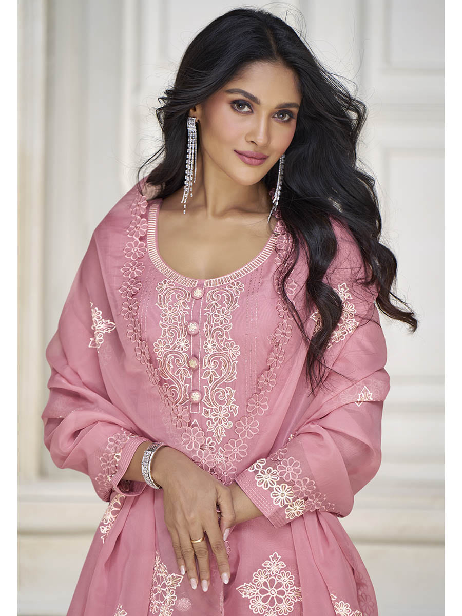 Myra Dusty Pink Organza Silk Embroidered Pant Style Suit - Distacart