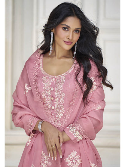 Myra Dusty Pink Organza Silk Embroidered Pant Style Suit - Distacart