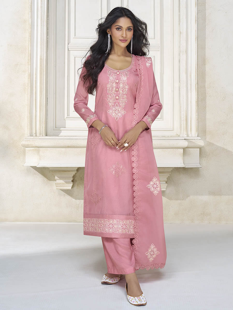 Myra Dusty Pink Organza Silk Embroidered Pant Style Suit - Distacart
