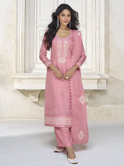 Myra Dusty Pink Organza Silk Embroidered Pant Style Suit - Distacart