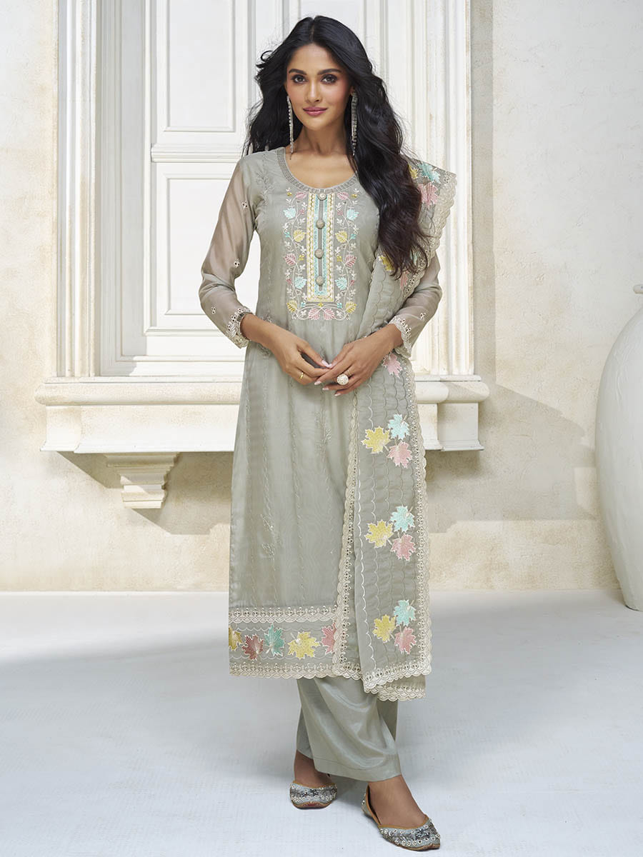 Myra Pastel Grey Organza Silk Embroidered Pant Style Suit - Distacart