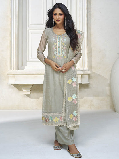Myra Pastel Grey Organza Silk Embroidered Pant Style Suit - Distacart