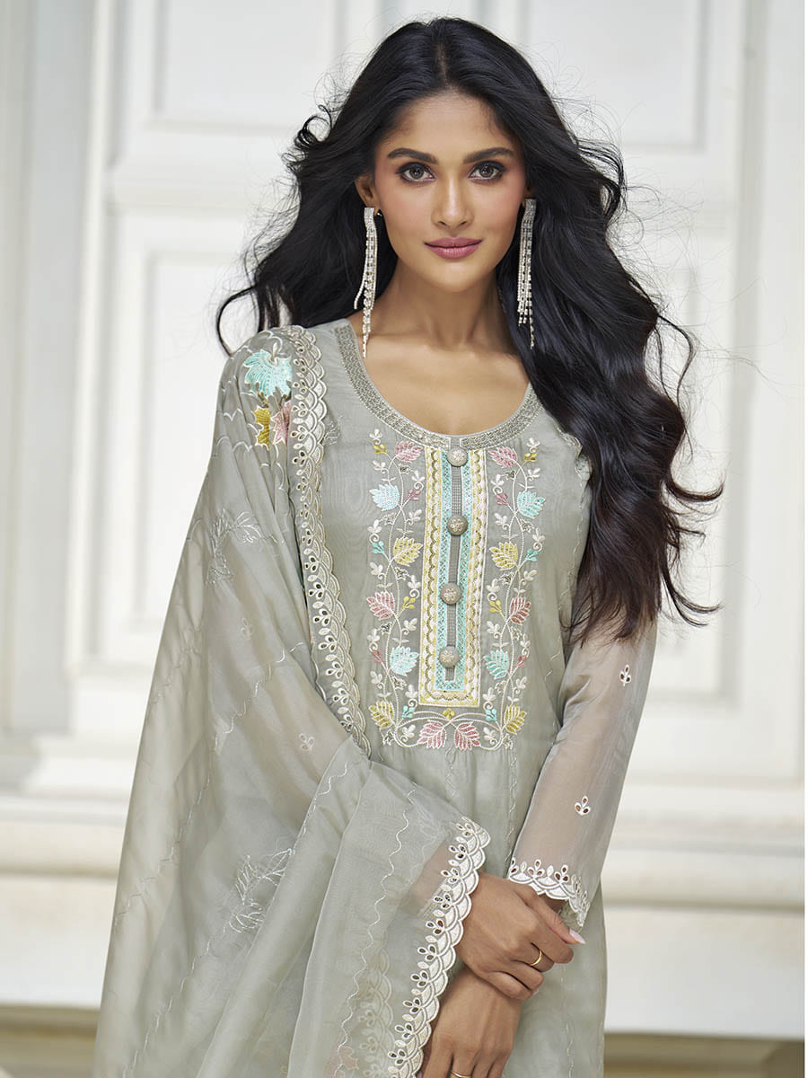 Myra Pastel Grey Organza Silk Embroidered Pant Style Suit - Distacart