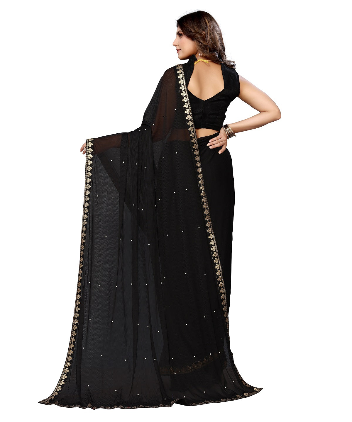 Vamika Goergette Silk Thread Work Black Bollywood Style Saree - Distacart