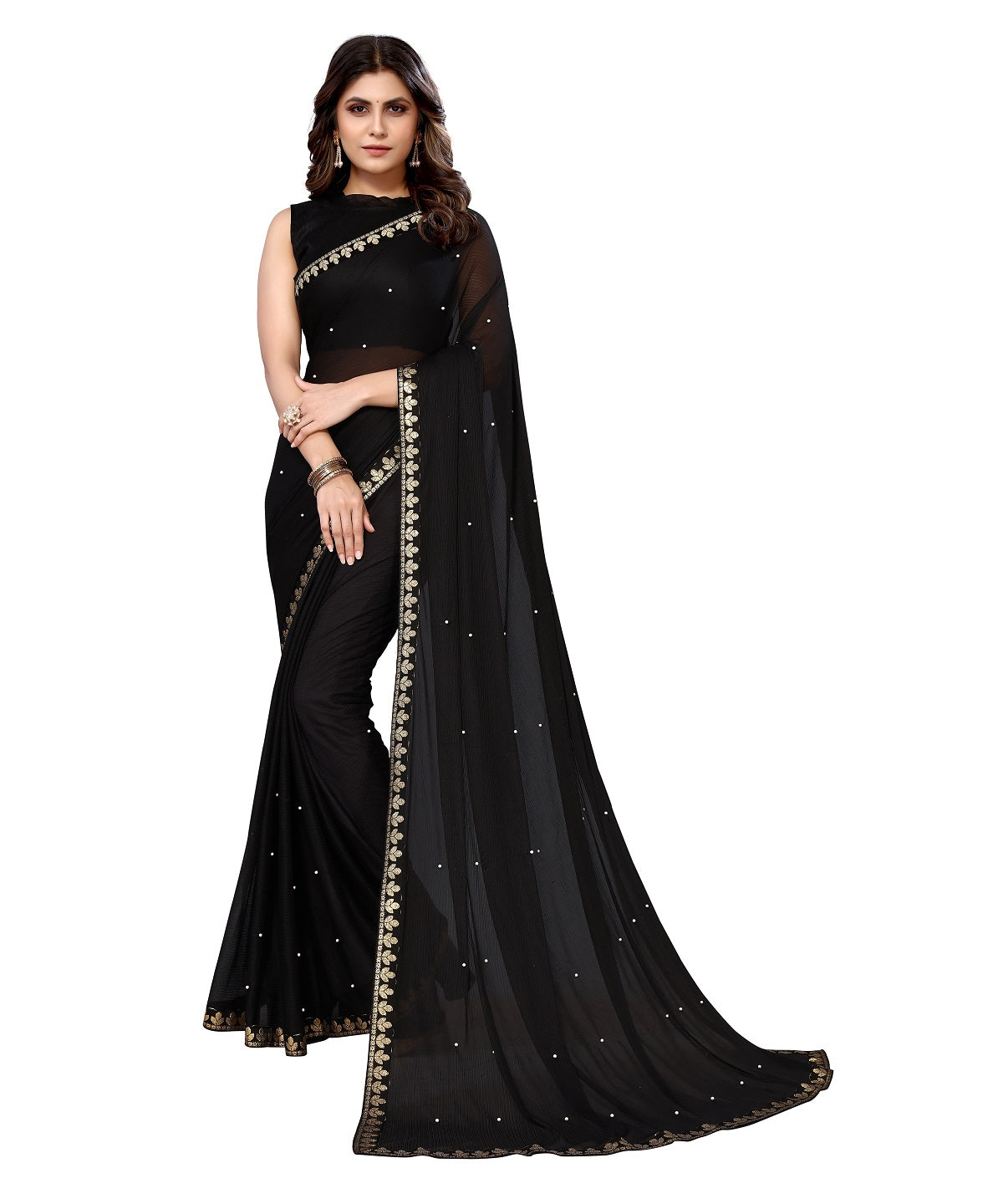 Vamika Goergette Silk Thread Work Black Bollywood Style Saree - Distacart