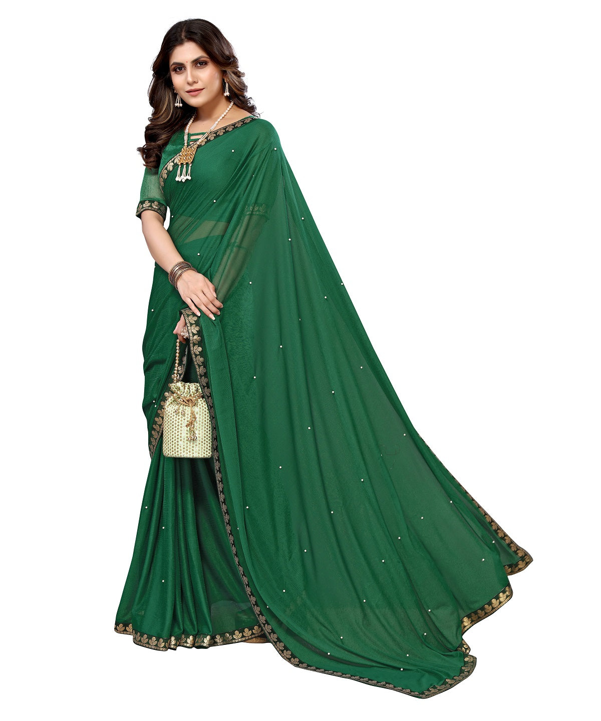 Vamika Goergette Silk Thread Work Green Bollywood Style Saree - Distacart