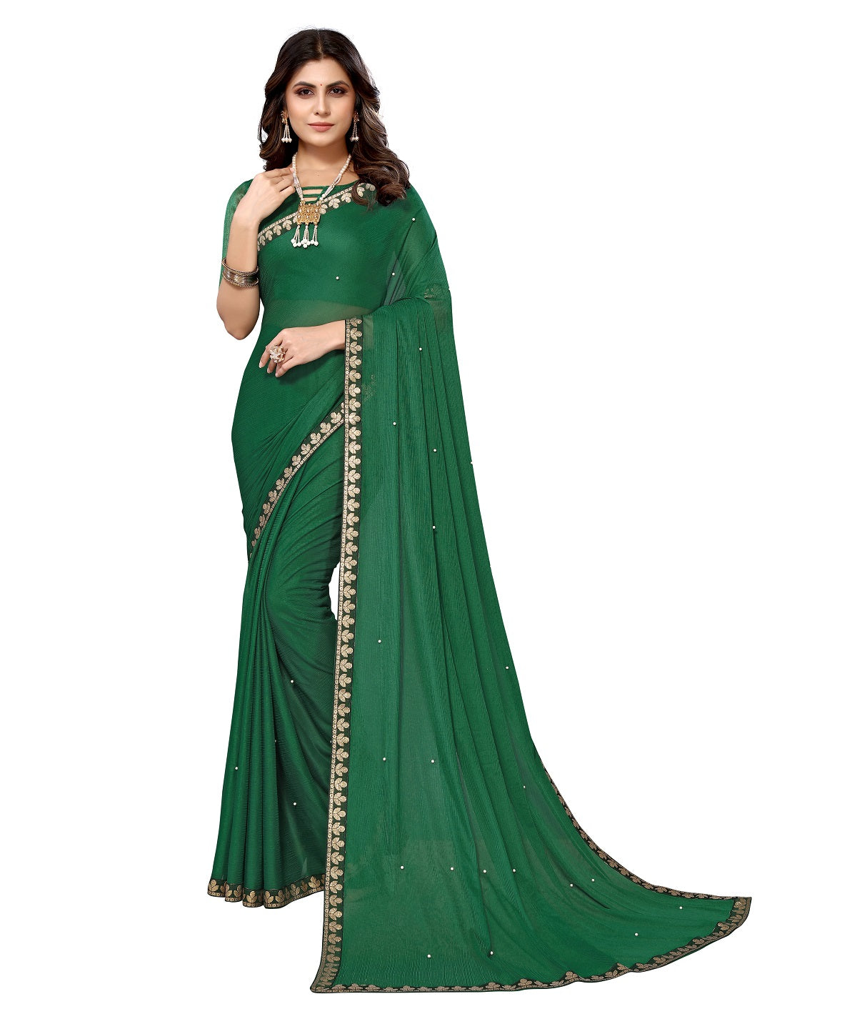Vamika Goergette Silk Thread Work Green Bollywood Style Saree - Distacart