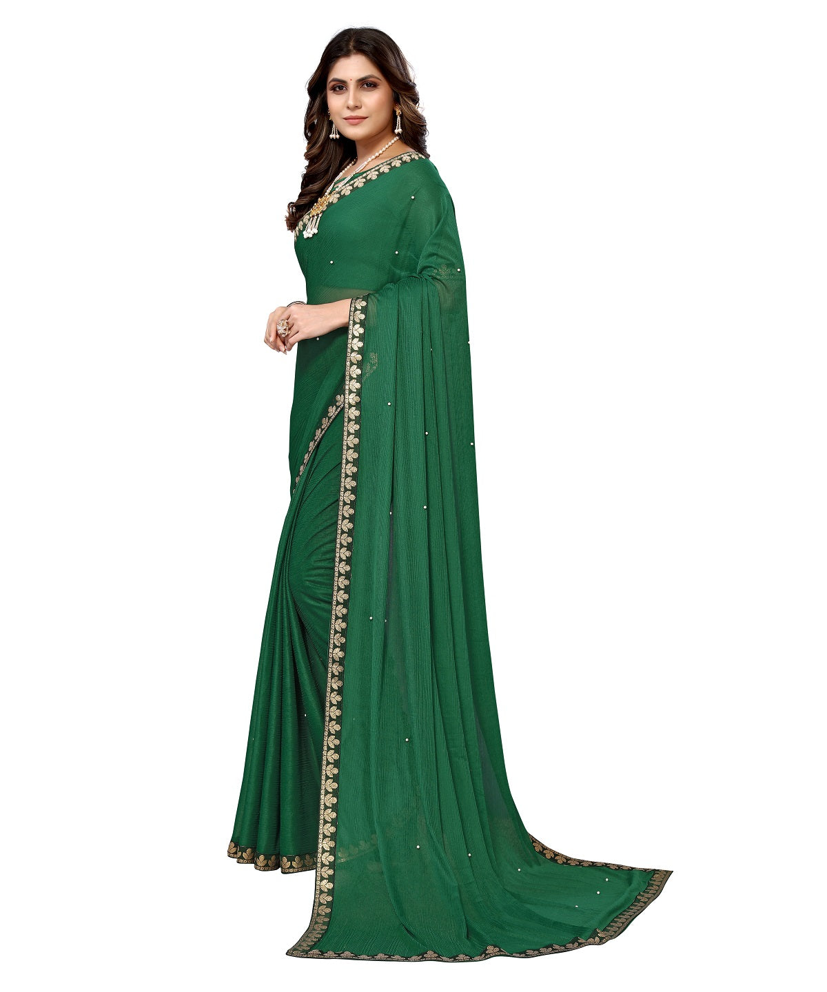 Vamika Goergette Silk Thread Work Green Bollywood Style Saree - Distacart