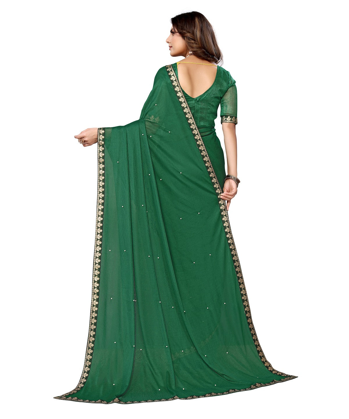 Vamika Goergette Silk Thread Work Green Bollywood Style Saree - Distacart