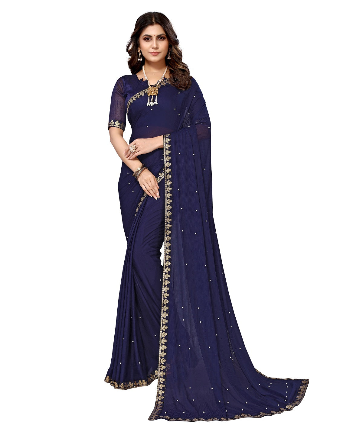Vamika Goergette Silk Thread Work Navy Bollywood Style Saree - Distacart