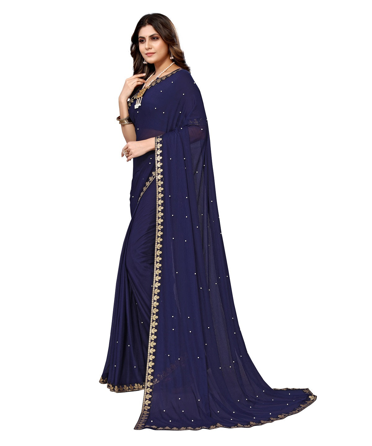 Vamika Goergette Silk Thread Work Navy Bollywood Style Saree - Distacart