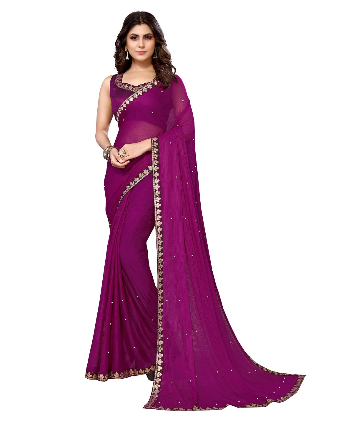 Vamika Goergette Silk Thread Work Purple Bollywood Style Saree - Distacart