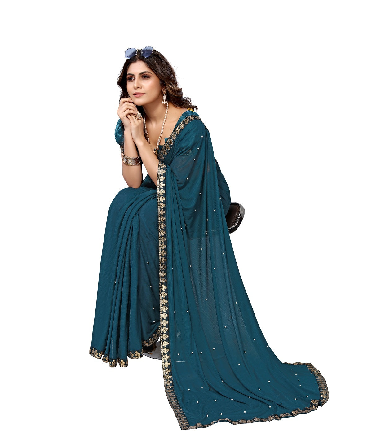Vamika Goergette Silk Thread Work Rama Bollywood Style Saree - Distacart