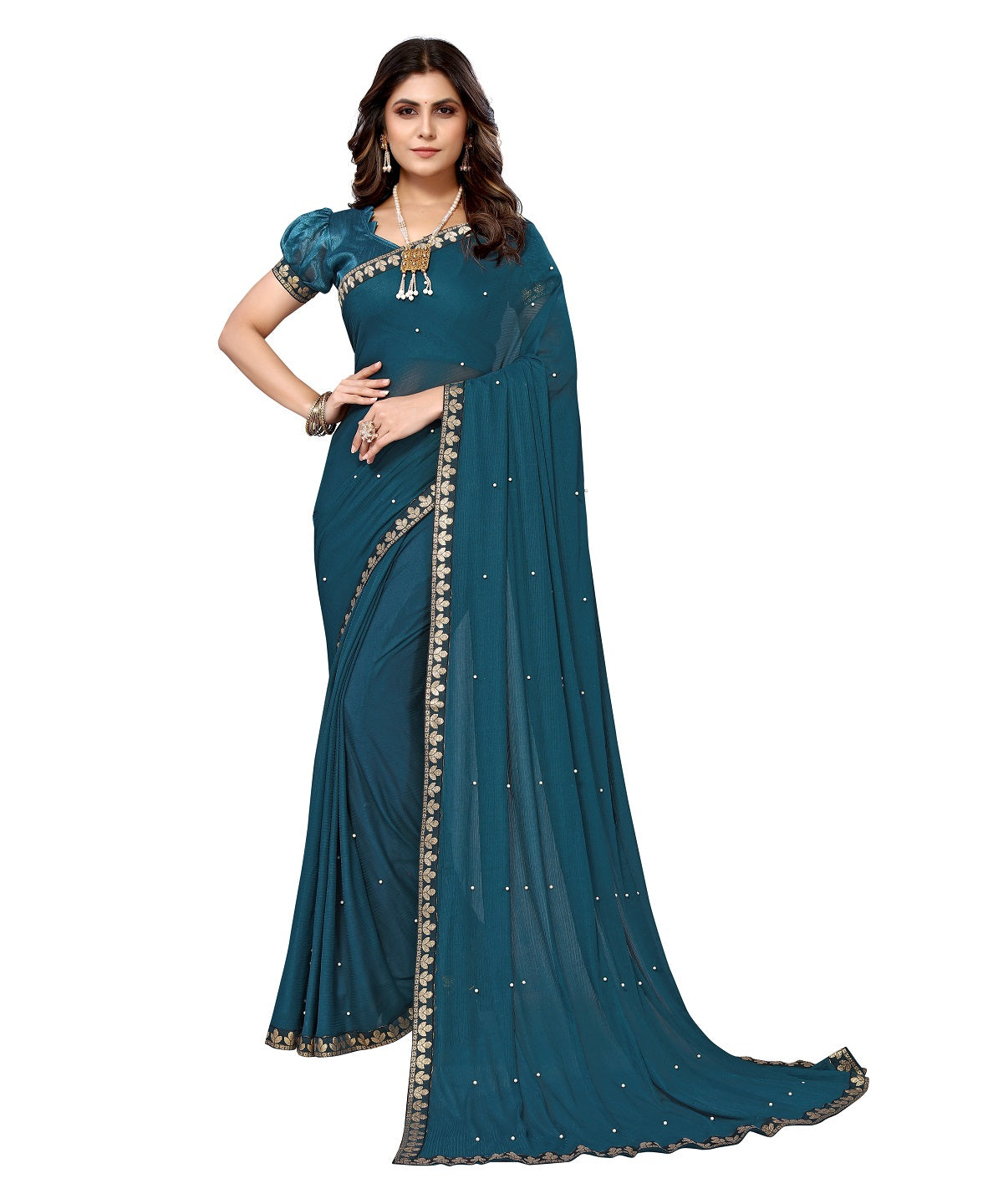 Vamika Goergette Silk Thread Work Rama Bollywood Style Saree - Distacart
