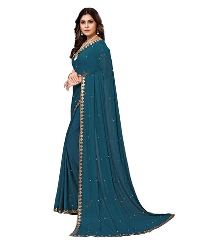 Vamika Goergette Silk Thread Work Rama Bollywood Style Saree - Distacart