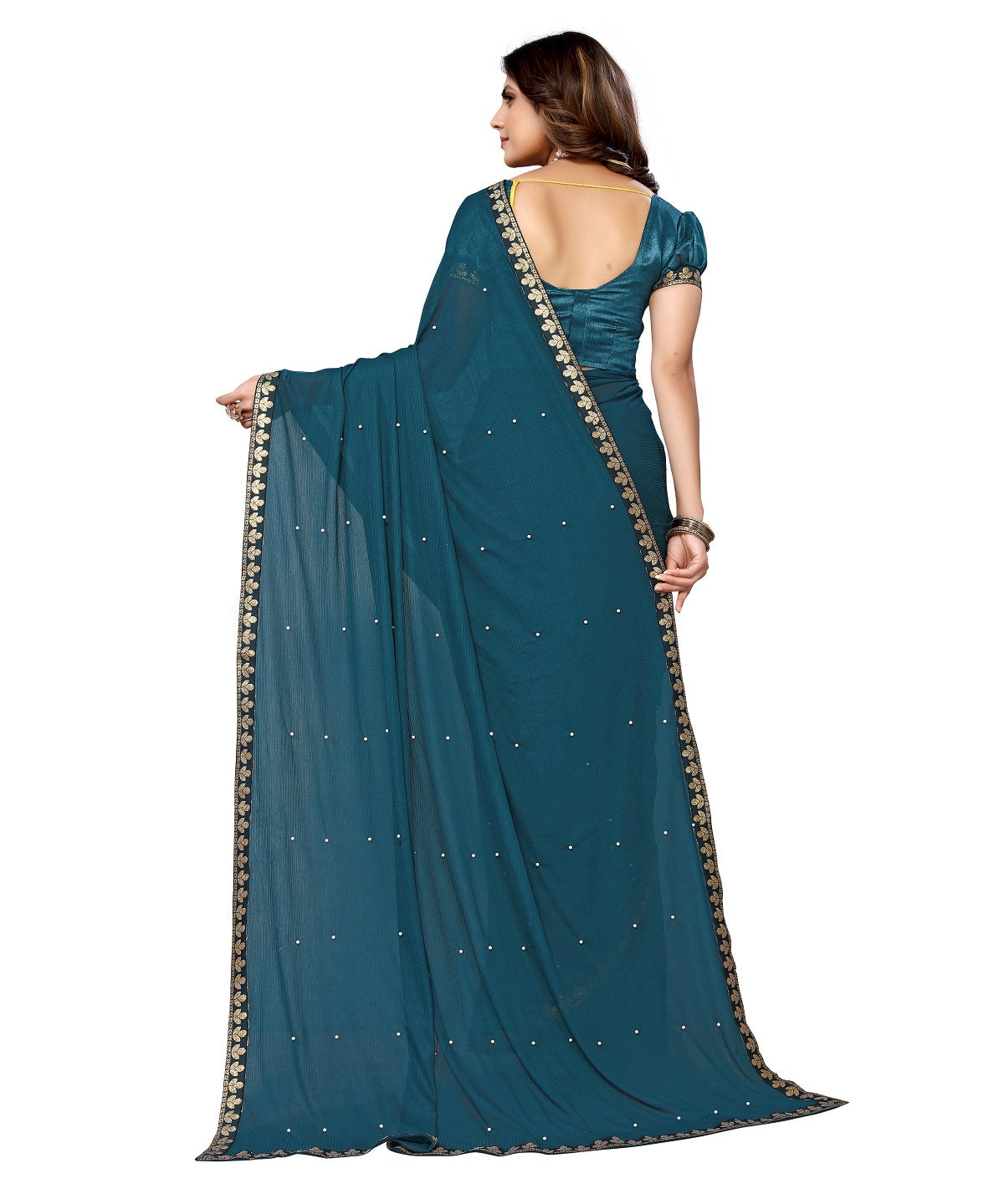 Vamika Goergette Silk Thread Work Rama Bollywood Style Saree - Distacart