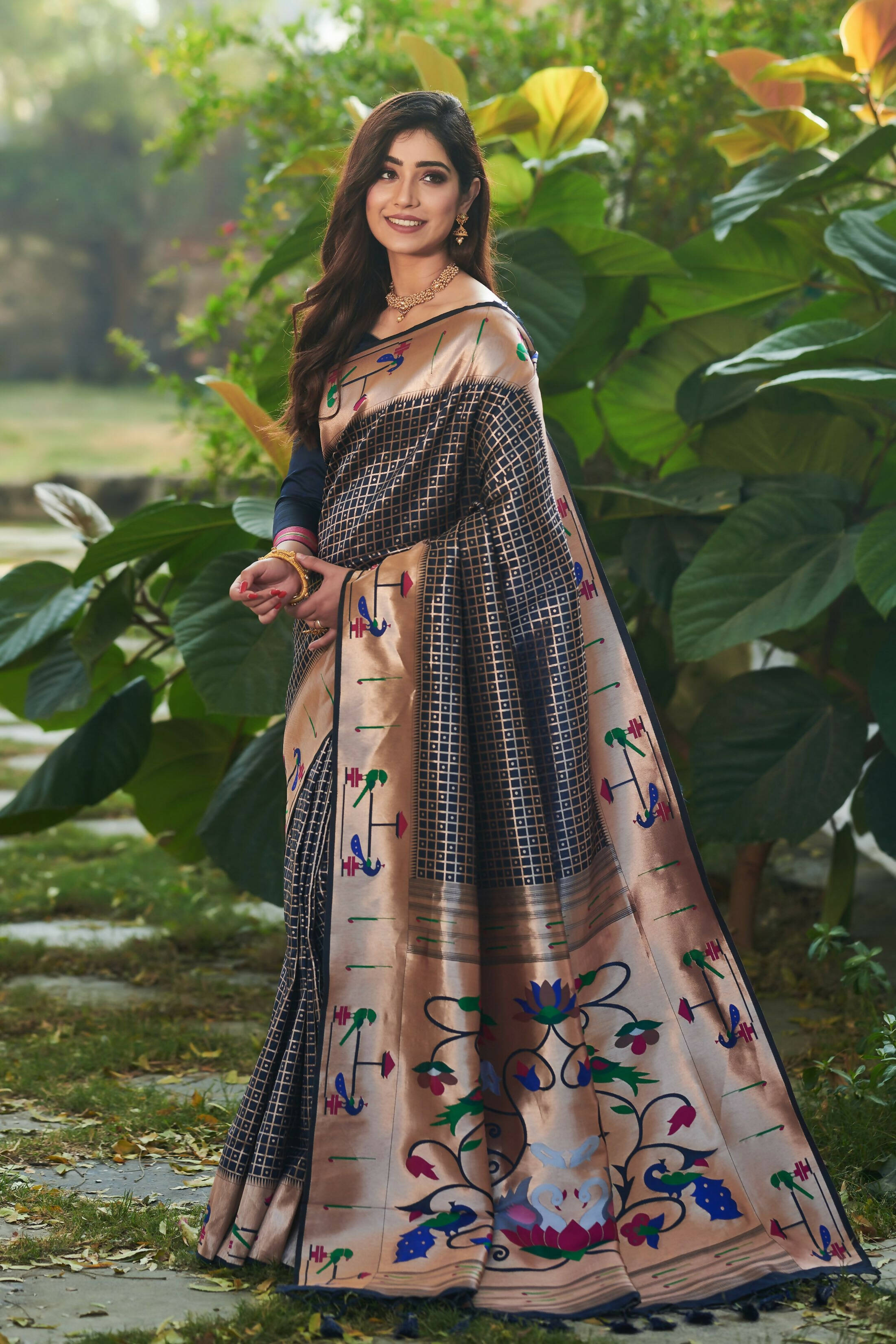 Vishnu Weaves Women's Navy Blue Paithani Silk Minakari Zari Woven Saree with Unstitched Blouse - Distacart