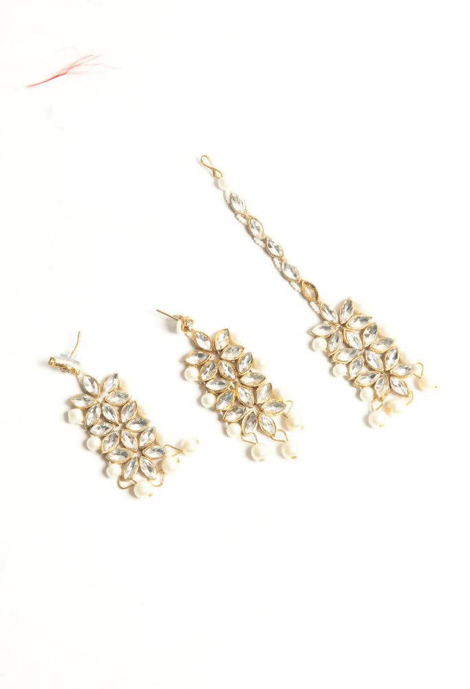 Tehzeeb Creations White And Golden Colour Necklace Choker Earrings And Tikka