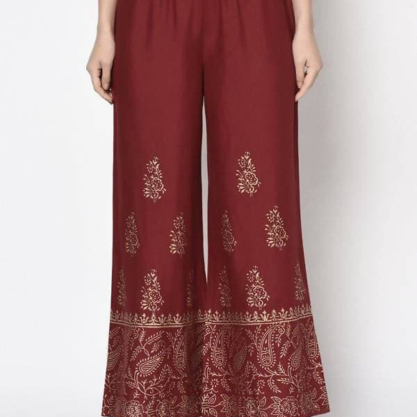 Aniyah Rayon Maroon Color Block Print Flared Slip-On Palazzo (AN-213K)