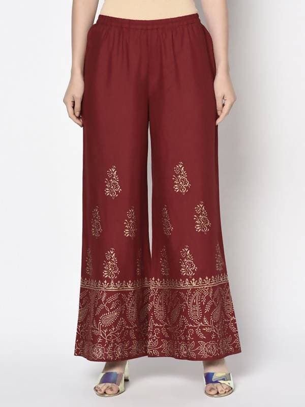 Aniyah Rayon Maroon Color Block Print Flared Slip-On Palazzo (AN-213K)