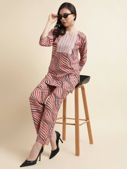 Peach Poly Crepe Digital Printed Top with Matching Bottom - Preeti - Distacart