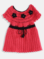 Thumbnail for Chutput Kids Woollen Hand Knitted Short Sleeves Flower Detail Dress - Pink - Distacart