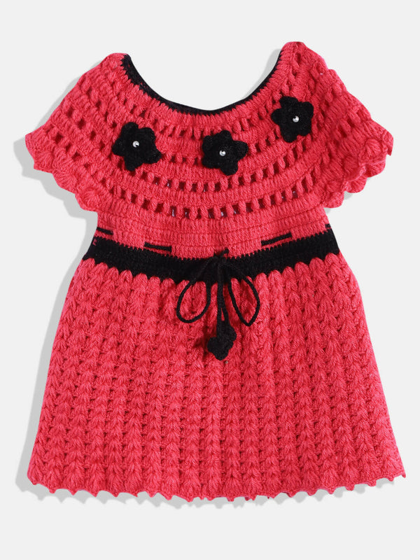 Chutput Kids Woollen Hand Knitted Short Sleeves Flower Detail Dress - Pink - Distacart