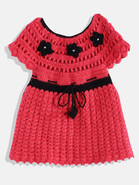 Chutput Kids Woollen Hand Knitted Short Sleeves Flower Detail Dress - Pink - Distacart
