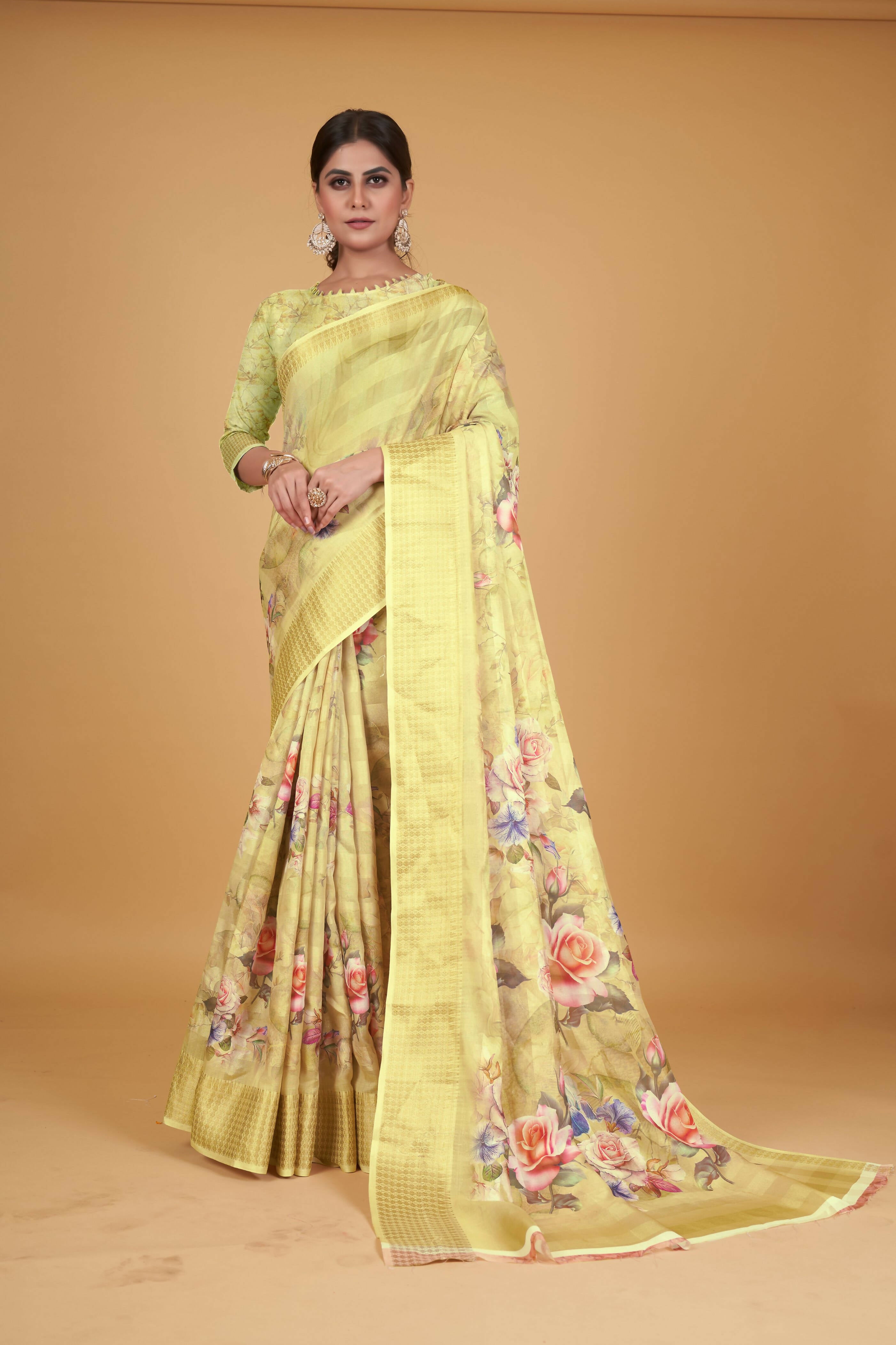 Yellow Cotton Silk Digital Printed Saree With Unstitched Blouse Piece - Alisha - Distacart