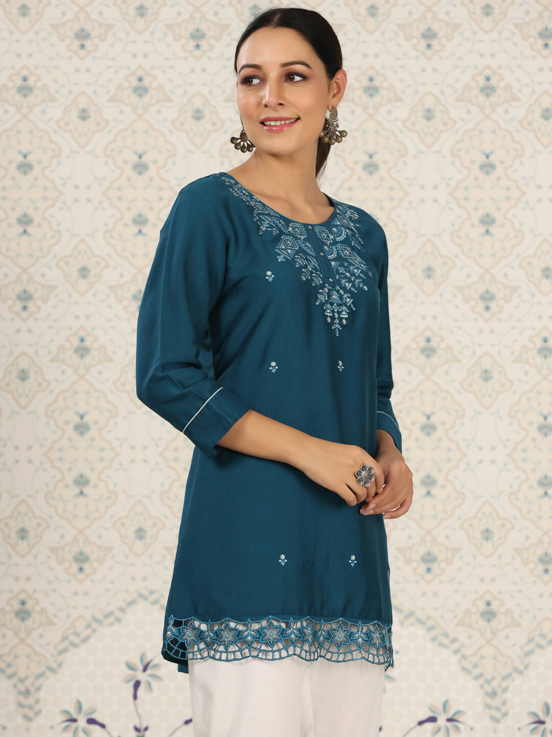Teal Chinon Embroidered Straight Top - Zeny - Distacart